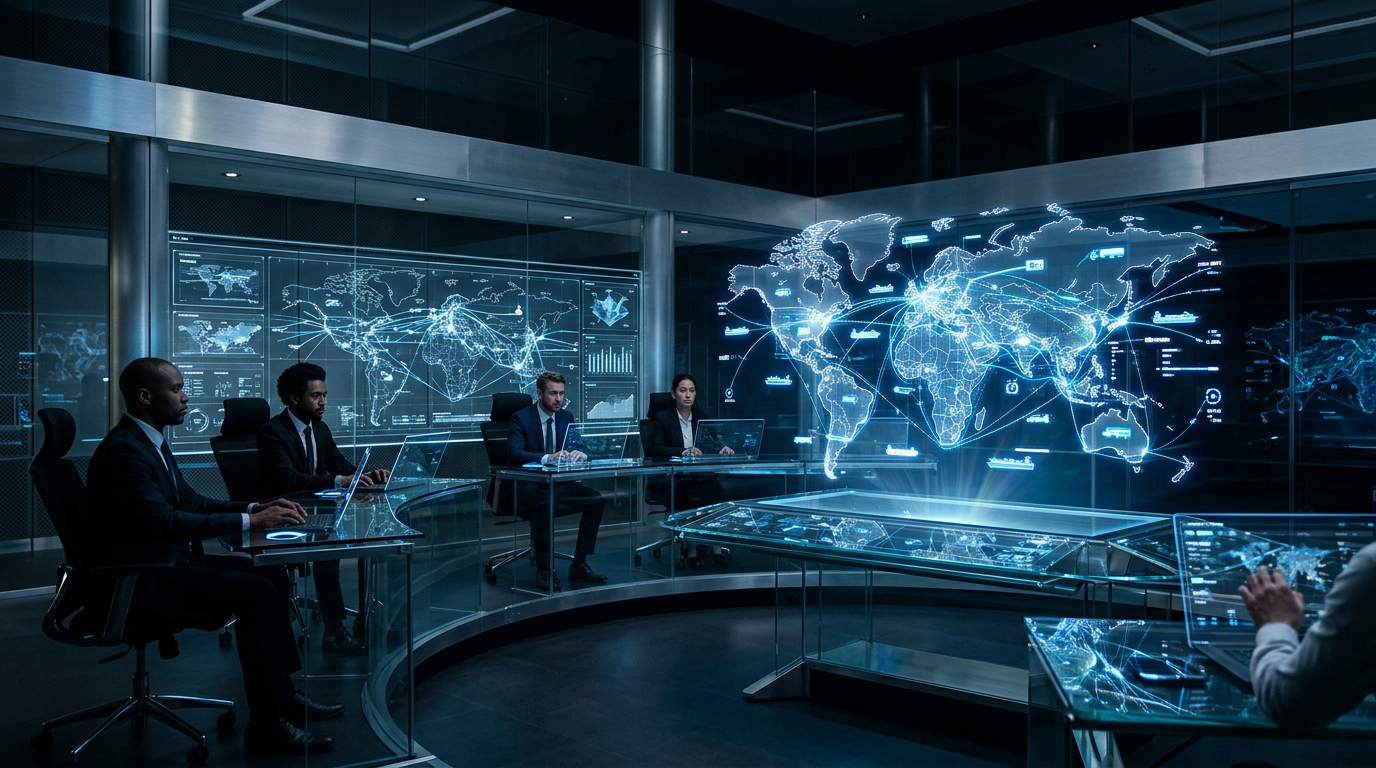 Minimalist representation of automated cogs and digital circuits integrated into a clean, modern workspace.