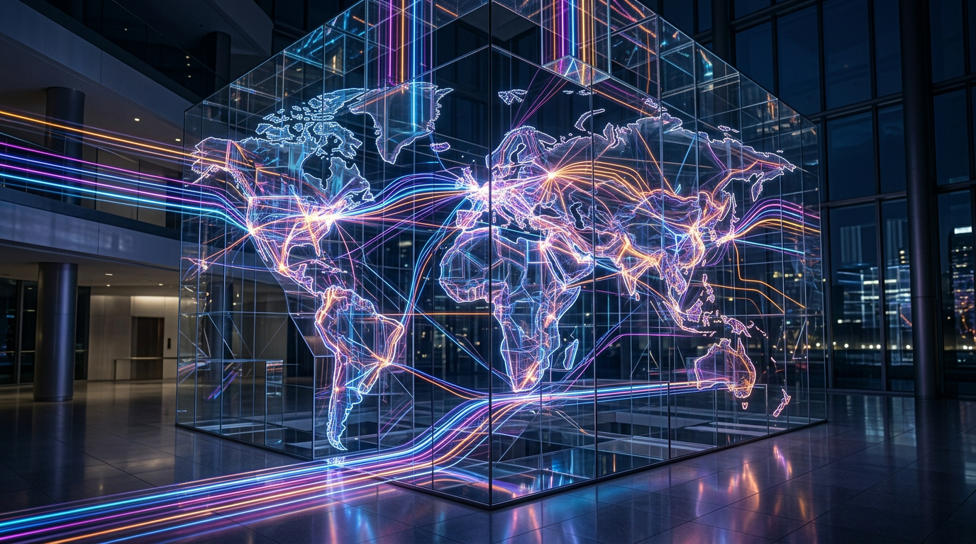 3D visualization of interconnected data nodes forming a predictive pathway in a high-tech corporate environment.