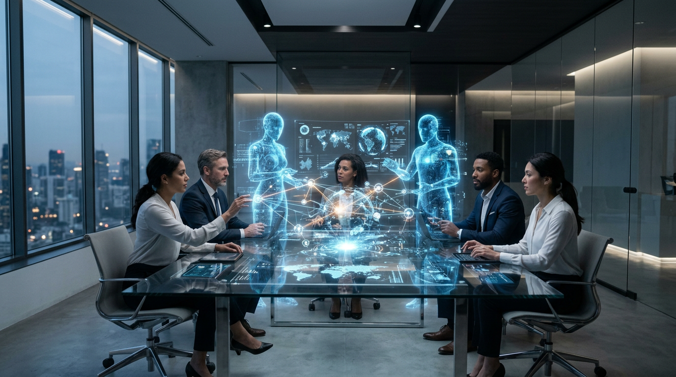 A network of interconnected intelligent nodes collaborating on a complex business task, representing agentic AI workflows.