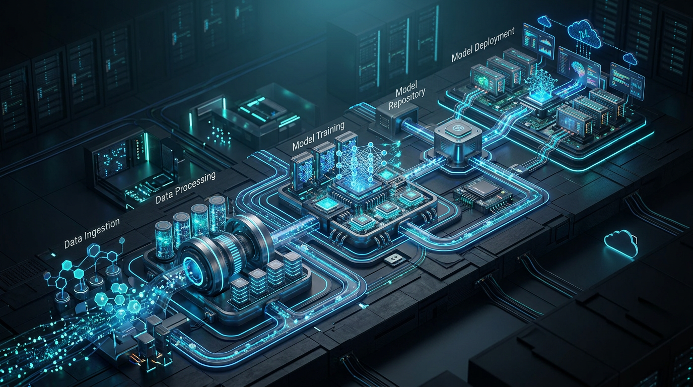A sophisticated digital control center displaying high-performance AI model metrics and automated pipeline flows.