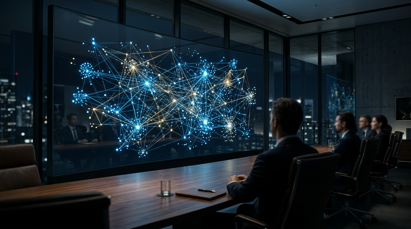 A complex 3D visualization of interconnected glowing nodes and neural pathways representing a semantic knowledge graph in an enterprise environment.